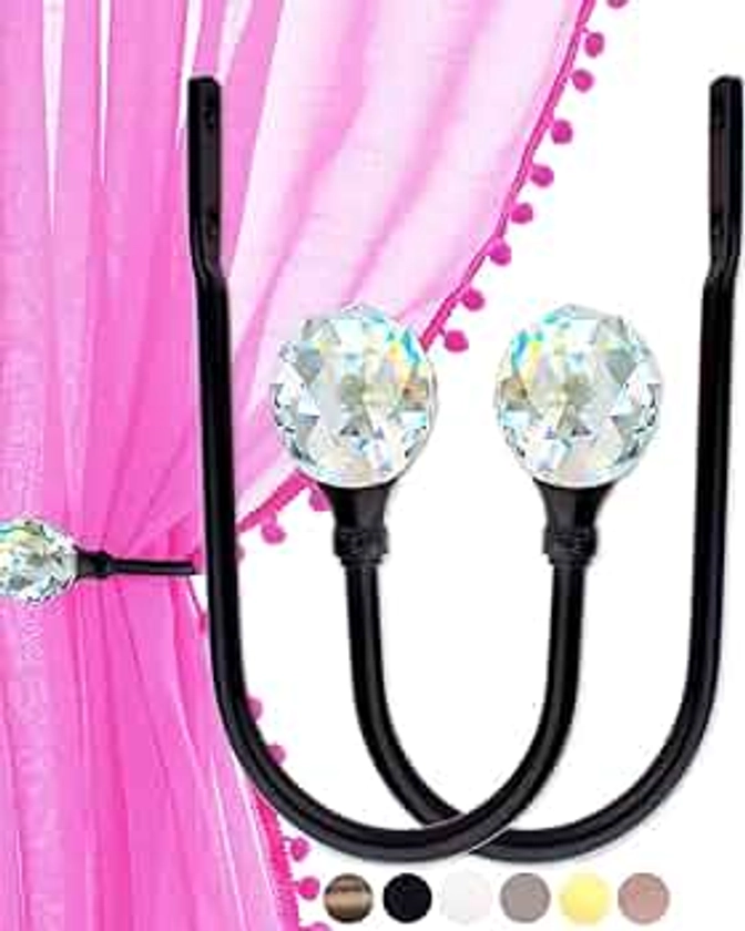 Black Curtain Tie Backs Hooks Crystal - Decorative Curtain Holdbacks Wall Mounted, Curtain Tiebacks Rings for Drapes, Curtain Tie Backs for Curtain Pull Backs, Decorative Curtain Accessories 2 Pack