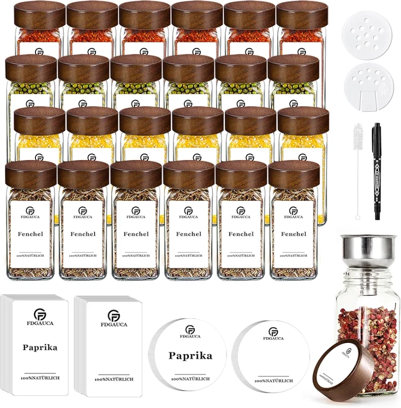 SIAZIH 24 Square Spice Jars with Acacia Wood Lids, 320 Spice Labels, 120 ml Spice Shakers, Made of High-Quality Borosilicate Glass