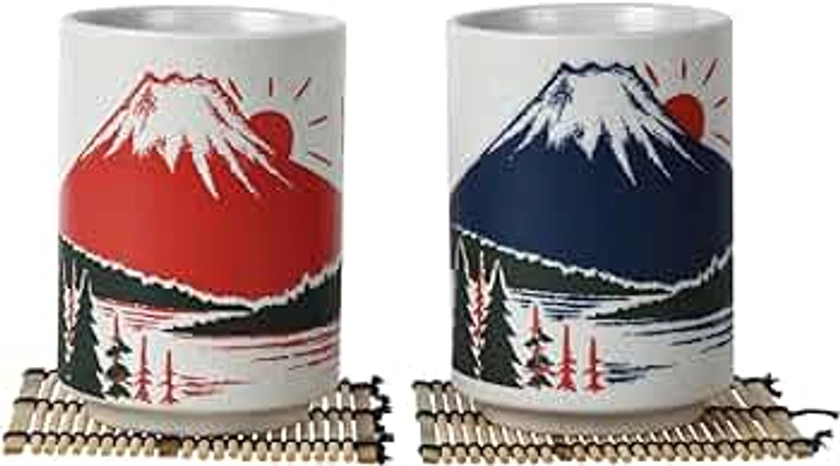LOVE LOVE JAPAN Japanese Tea Cups Sushi-Yunomi Mino Ware With Bamboo Coaster (Set of 2) (Mt. Fuji)