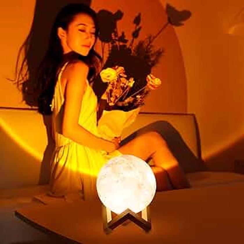 OnO Sunset Lamp & Moon Lamp 2 in 1, Color Changing Sunset Lamp Projector for Photography Lighting Background, Mood Lights for Bedroom Wall Decor on Cute Preppy Aesthetic Room Decor for Teen Girls