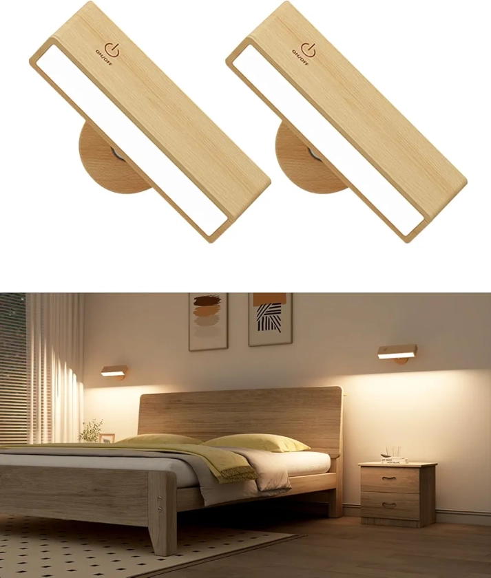 DetarZinLED Lot de 2 Applique Murale Intérieure Bois,Lampe Murale Sans Fil Rechargeable USB,Réglage de La Luminosité Applique Murale Sans Fil Chambre,Lampe de Chevet Murale Tactile,lampe sans fil