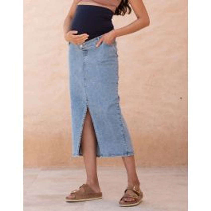 Midi-Length Over Bump Denim Maternity Skirt