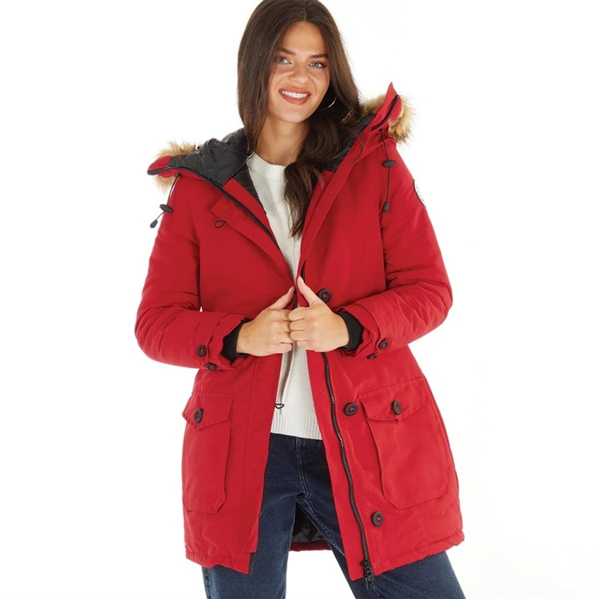 Brave Soul Womens Jacobs Faux Fur Parka Coat Red/Natural