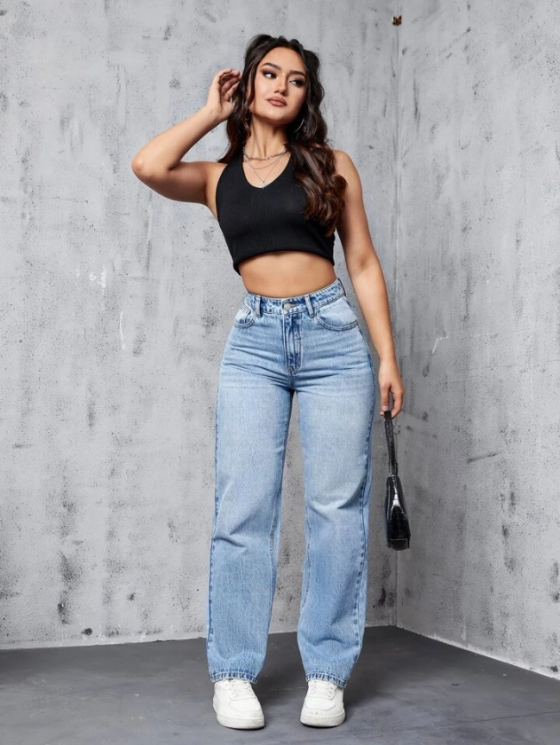 High Waist Straight Leg Jeans