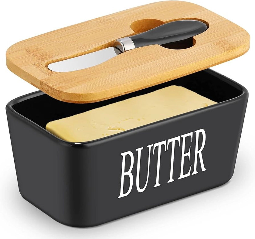 Hossejoy Large Butter Dish with Lid and Knife, European Size Porcelain Butter Container Designed with Double Silicone Seals, Ceramic Butter Box, Perfect for Butter, Nuts, Cheese, 650ml (Black)