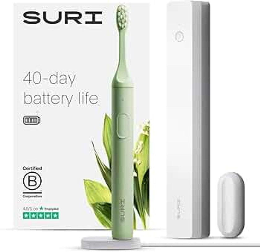 SURI Electric Toothbrush—Sustainable Electric Toothbrushes Adults. Slim Sonic Toothbrush & Accessories. 40-Day Battery, 2 Modes. Travel Toothbrush. Ideal Christmas Gifts for Women & Gifts for Men