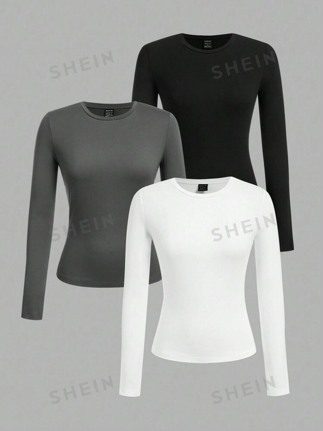 SHEIN EZwear 3 pièces Ensemble de t-shirts ajustés à manches longues, col rond, unicolore, pour femmes, convient pour le printemps, l'automne et l'hiver