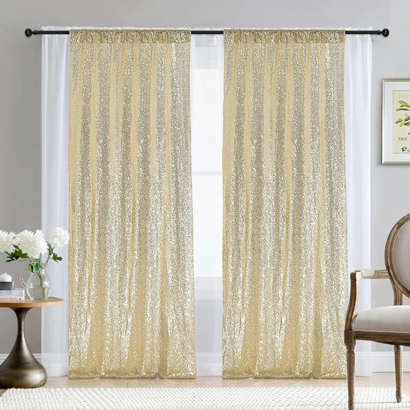 2×8FT-2PCS Champagne Gold Sequin Backdrop Curtains Panels, Photography Backdrop Glitter Curtains Fabric Background for Christmas Wedding Party Decor