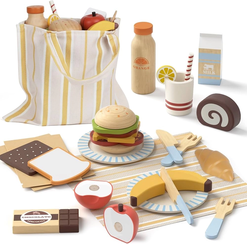 Lehoo Castle Cuisine en Bois Enfant, Jouets de Pique-Nique en Bois Apportez des Dessert, Dinette Enfant avec Sac de Rangement, Jouets en Bois Paques Cadeau Enfant Fille Garcon 2 3 4 5 6 Ans