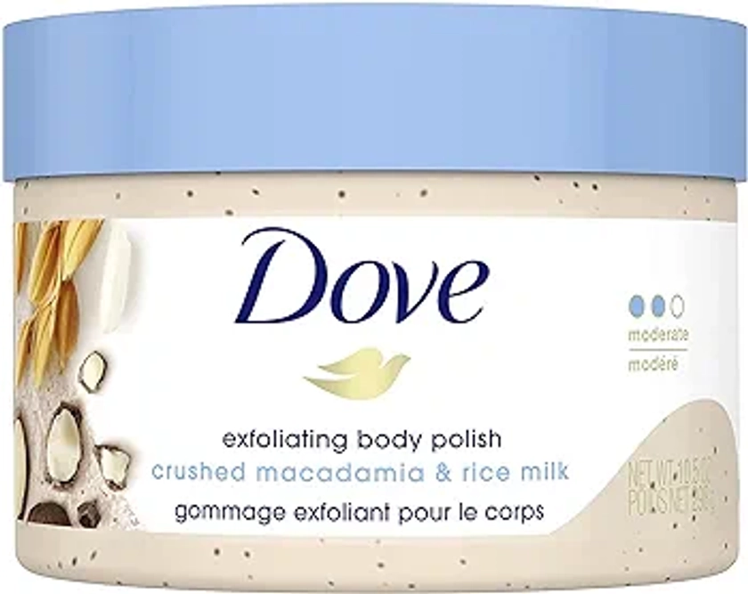 Dove Exfoliating Body Scrub Polish Crushed Macadamia & Rice Milk and Pomegranate Seeds & Shea Butter
