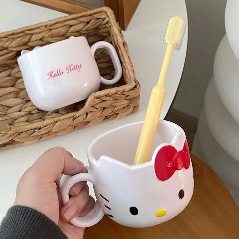 1 pieza Taza de plástico Hellow Kitty, linda taza de enjuague bucal de dibujos animados, taza de mango de cepillo de dientes Kawaii, tazas portátiles de café con leche, taza de café para suministros al aire libre