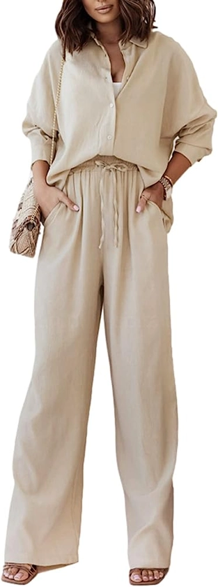 Women 2 Piece Cotton Linen Outfits Casual Button Down Shirt Wide Leg Long Pants Sets Tracksuit Jumpsuit