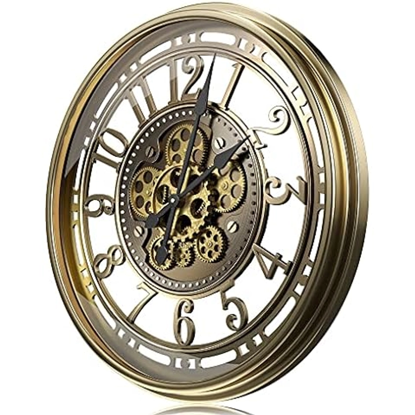 DORBOKER Real Moving Gears Wall Clock Large Modern Metal Clocks for Living Room Decor, Industrial Steampunk Unique Vintage Rustic Decorative Clock for Home Farmhouse Office, 53.5cm,Bronze Gold Arabic