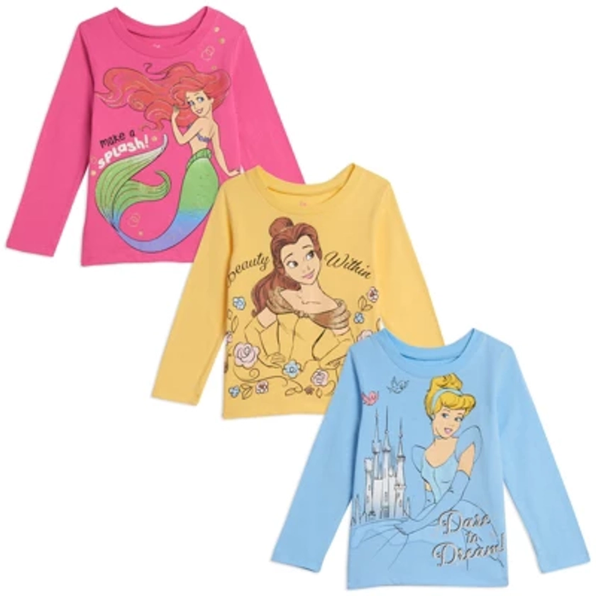 Disney Princess Cinderella Belle Ariel Big Girls 3 Pack T-Shirts Multicolored 10-12