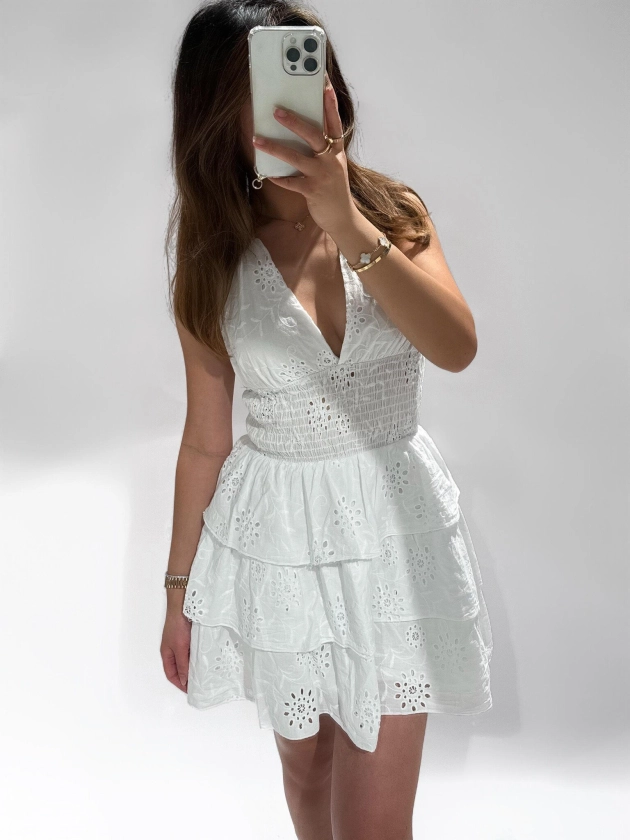 Helene Embroidered Halter Dress / White