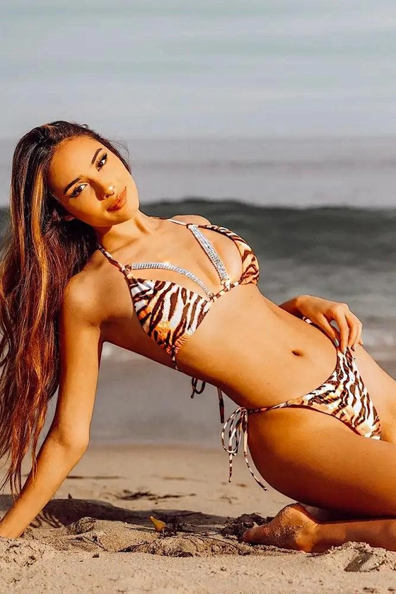 Tiger Print Rhinestone Accent Two Piece Sexy Swimsuit