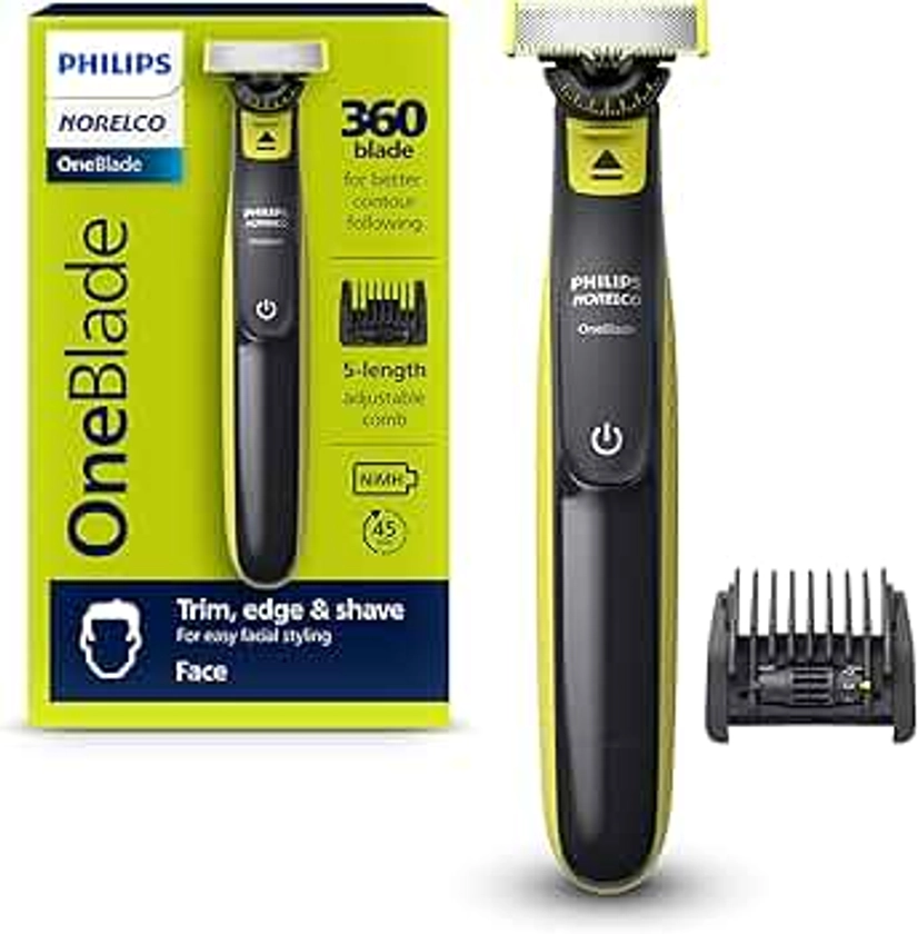 Philips Norelco OneBlade 360 Face, Hybrid Electric Beard Trimmer and Shaver with 5-in-1 Face Stubble Comb, Frustration Free Packaging, QP2724/90