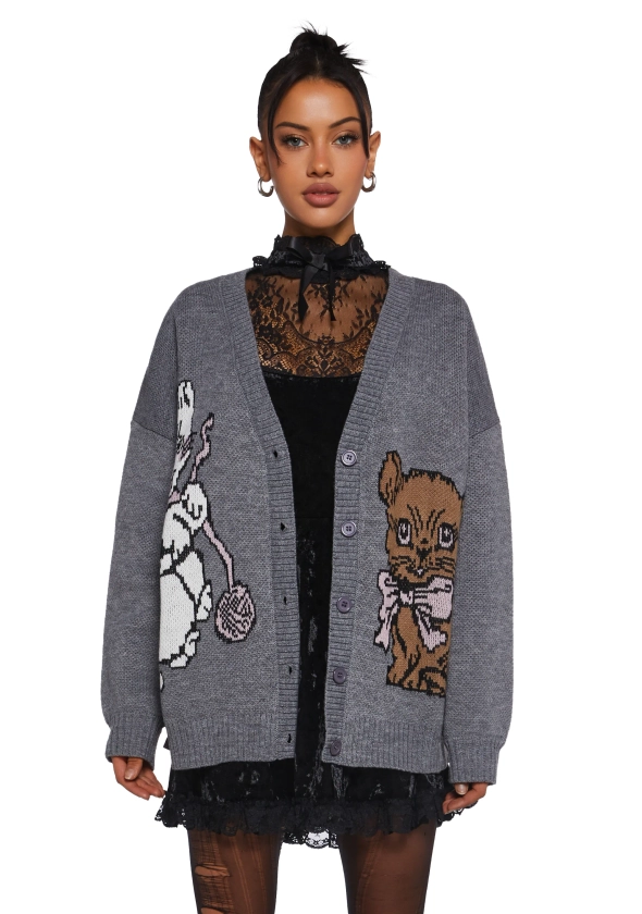 Kitty Cat Graphics Oversized Knit Cardigan Delia's - Gray