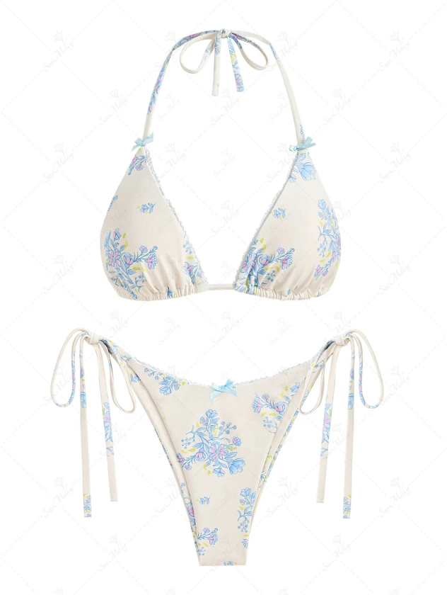 Seamolly Tiny Blue Floral Bow Tie Triangle Tanga Bikini Set