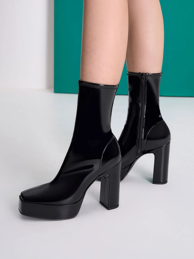 Black Patent Platform Block Heel Ankle Boots | CHARLES & KEITH