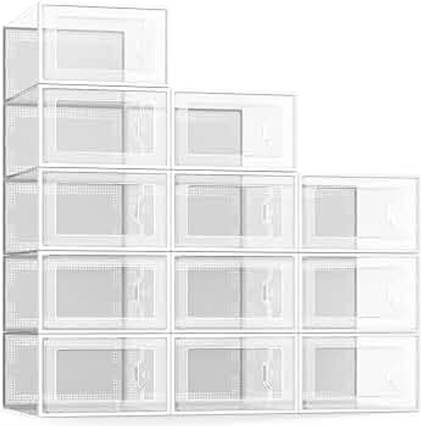 SEE SPRING X-Large Shoe Storage Box Fit Size 11, Clear Plastic Stackable Shoe Organizer for Closet, Space Saving Foldable Shoe Rack Sneaker Container Bin Holder, 12 Pack Clear