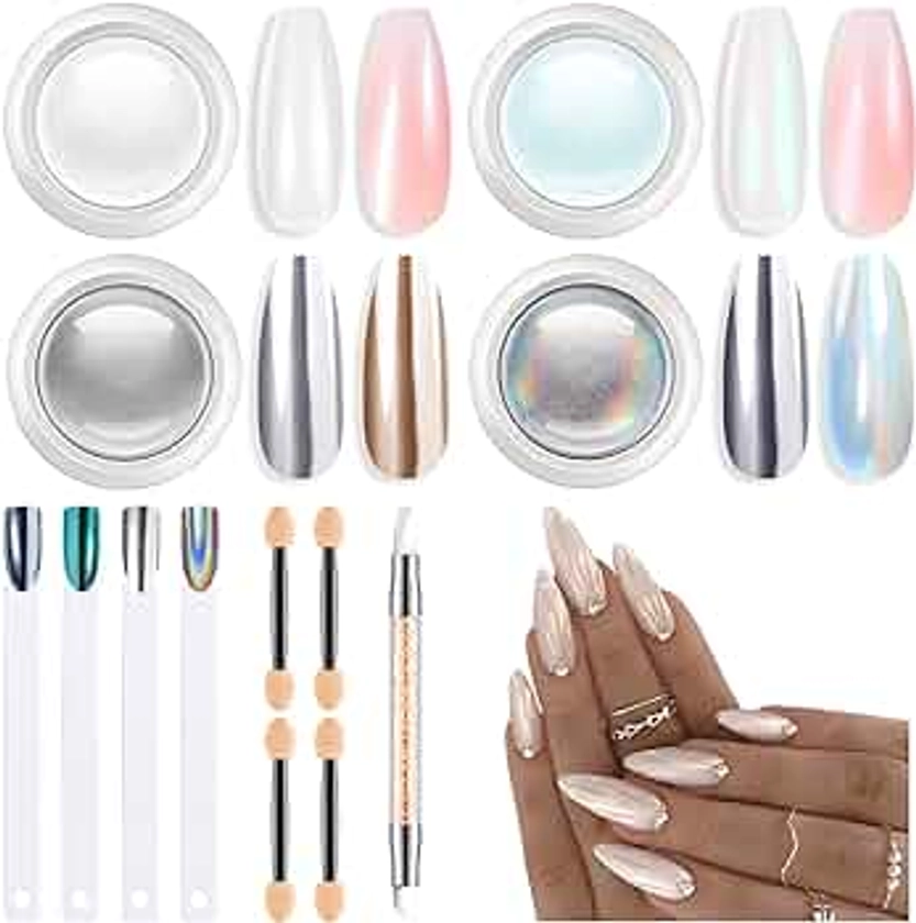 modelones Chrome Powder for Nails 4pcs, Magic White Pearl Chrome Nail Powder Kit Mirror Effect Chrome Powder Holographic Nail Powder Pigment Glitter Nail Powder Nailr Art Decoration