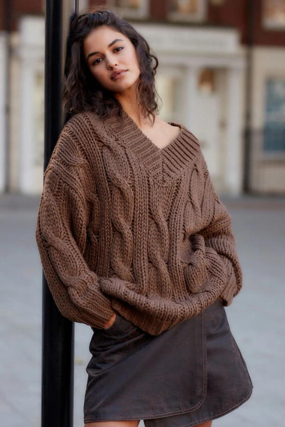 Buy Brown Chocolate V-Neck Chunky Cable Knit Jumper from the Next UK online shop