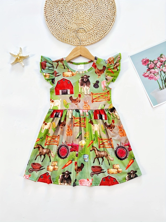 Dress For Girls, Farm/Marine Animals Full Print Ruffle Dresses For Holiday/ Summer/ Party
