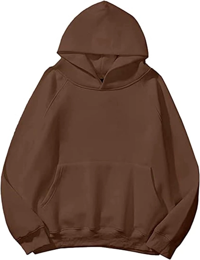 Lauweion Women Solid Basic Fleece Letter Loose Hoodie Sweatshirt Long Sleeve Kangaroo Pocket Drop Shoulder Pullovers Top