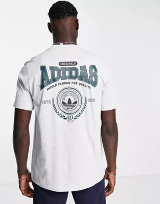 adidas Originals 'Preppy Varsity' large back print t-shirt in grey | ASOS