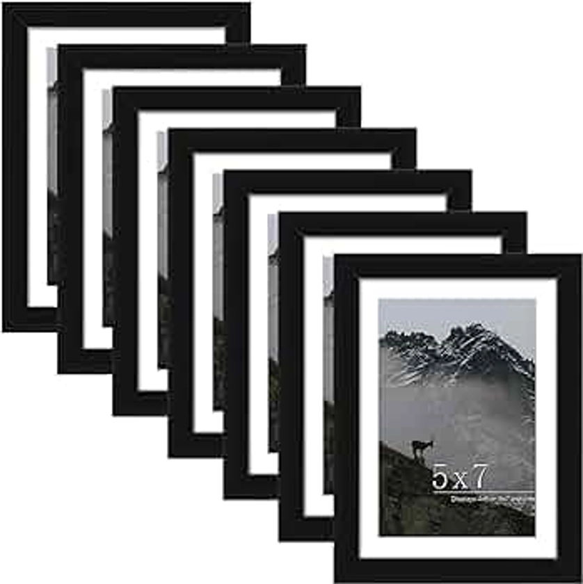 Picrit 5x7 Picture Frame Set of 7, Display 5x7 with Mat or 4x6 Without Mat, Photo Frames for Wall Mounting or Table Top Display, Black.