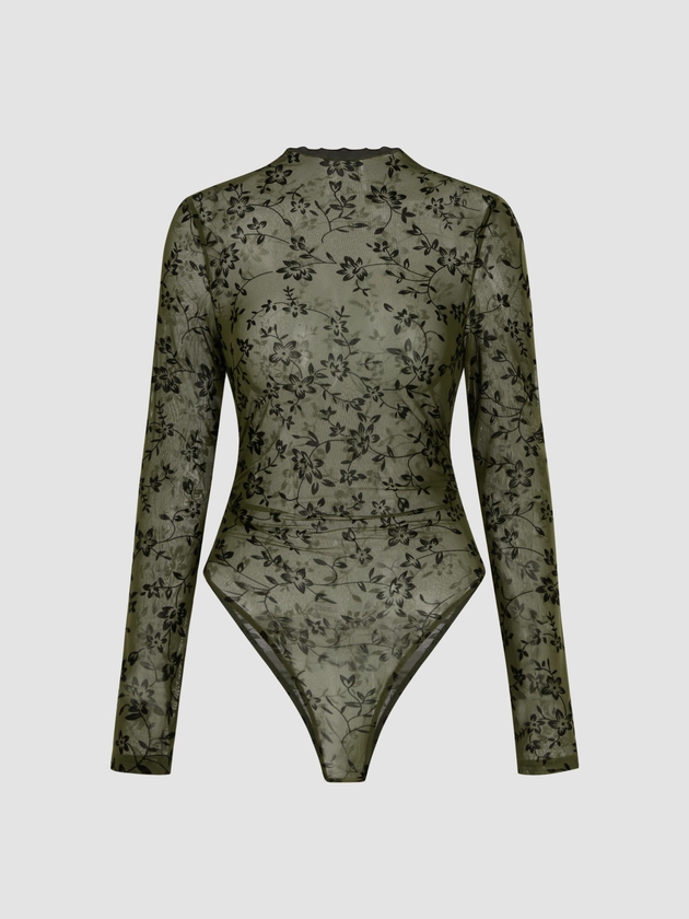 Stand Collar Floral See-through Lettuce Trim Bodysuit