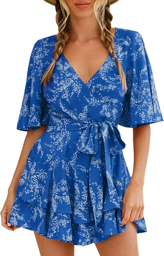 Amazon.com: AIMCOO Womens Summer Short Flared Sleeve Romper V Neck Floral Print Jumpsuit Waist Tie Layer Ruffle Hem Dress Look Rompers : Clothing, Shoes & Jewelry