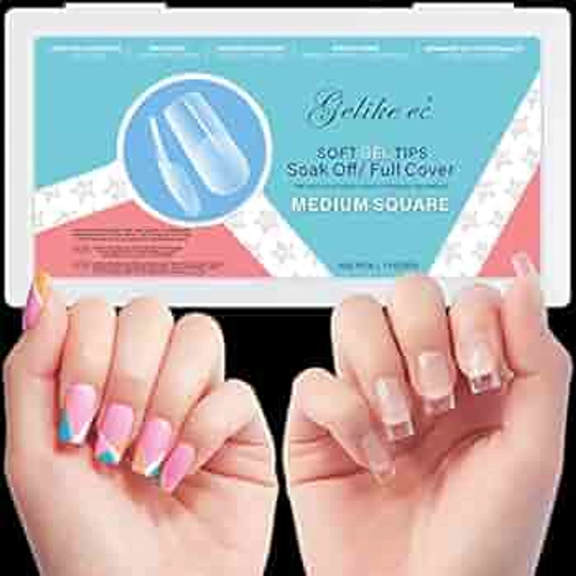 Gelike EC Soft Gel Full Cover Nail Tips Kit for Soak Off Nail Extensions, 550 Pcs Clear Medium Square Gelly Tips Pre-buff PMMA False Press on Nail Tips, 11 Sizes