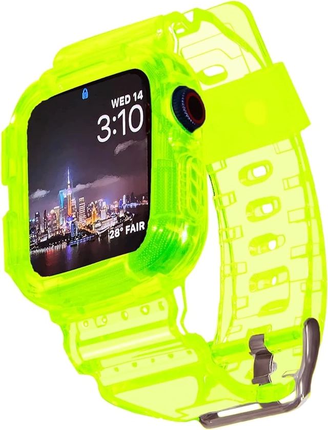 Blingbrione Clear Case with Band Compatible Apple Watch 45mm 38mm 40mm 41mm 42mm 44mm Women Men Girl,Silicone Jelly Transparent Soft Soprt Strap with Cover for iWatch Series 9 8 7 6 5 4 3 2 1 SE Blue Pink Green Orange