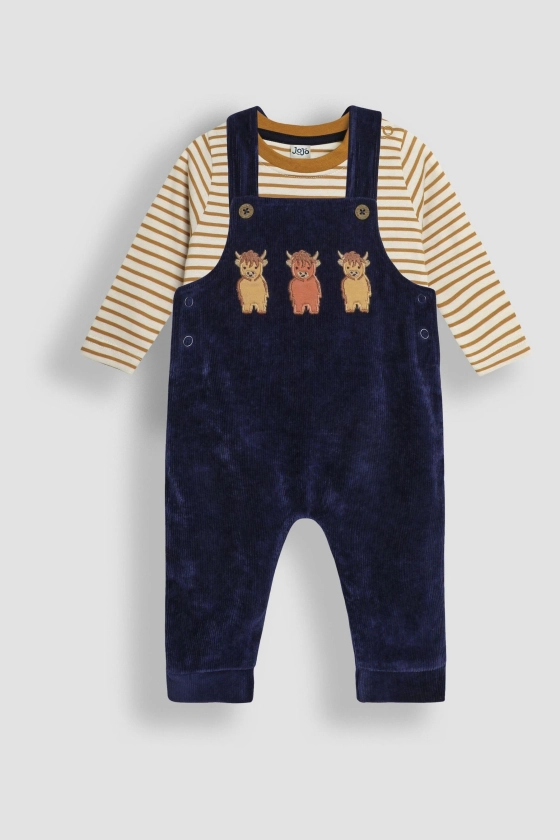 JoJo Maman Bébé Navy Highland Cow Applique Velour Dungarees & Top Set