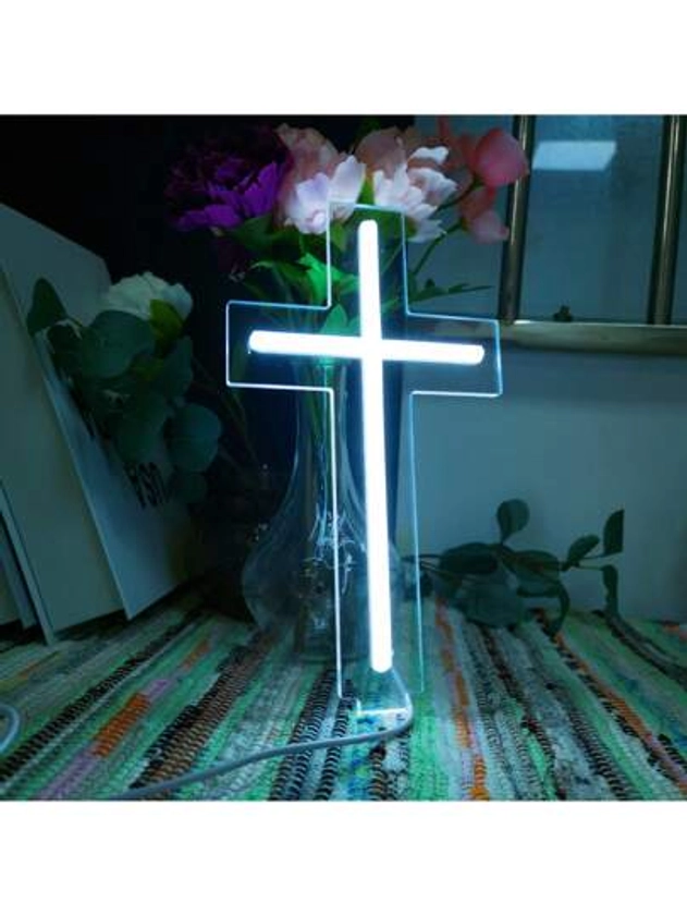 CTTNLS 1pc Jesus Cross Neon Light, LED Neon Sign For Home Decor, White Wall Decoration, Perfect For Christmas, New Year, Wedding, Birthday Party, And Easter Decorations