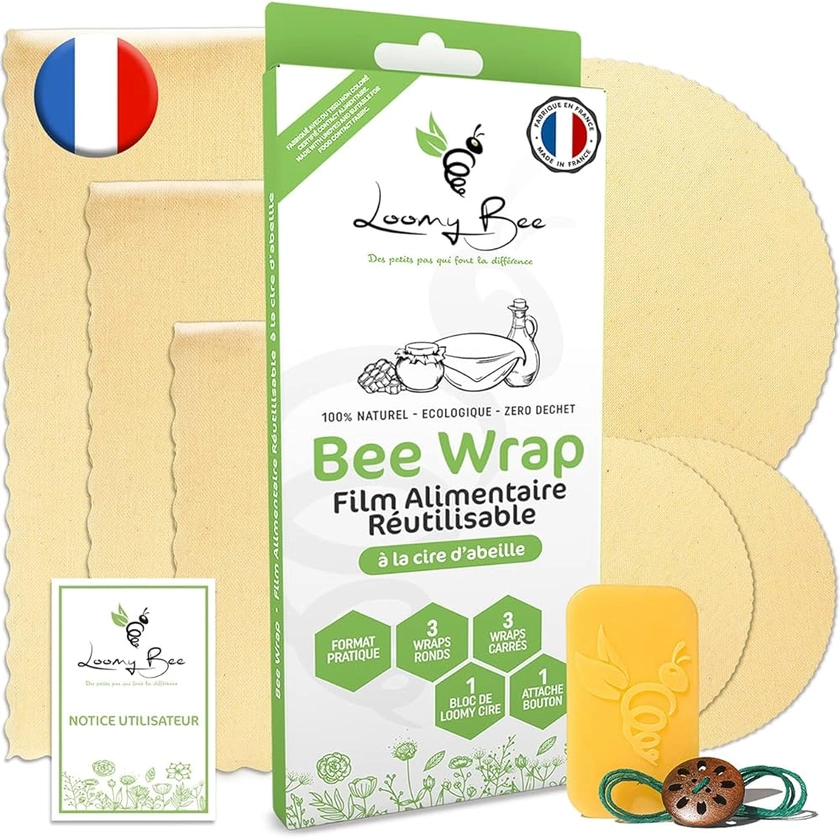 Loomy Bee Wrap ou Emballage Cire d'abeille Réutilisable - Lot de 6 - Film Alimentaire Réutilisable écologique, Lavable et zéro déchet - Cadeau Ecolo - Beewrap Made in France (Écru Naturel)