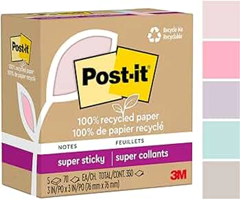 Post-it 100% Recycled Paper Super Sticky Notes, 2X The Sticking Power, 3x3 in, 5 Pads, 70 Sheets/Pad, Wanderlust Pastels Collection (654R-5SSNRP)
