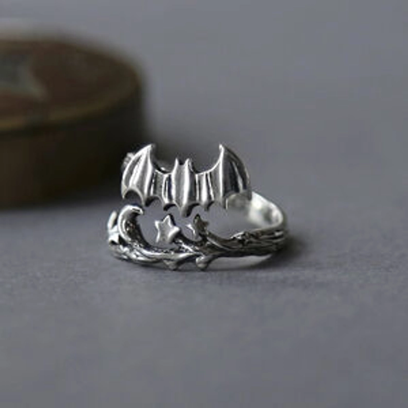 Sterling Silver Bat And Moon Ring