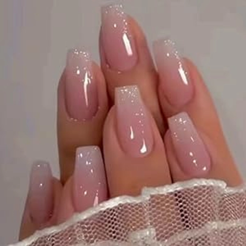 Hkanlre Bling Coffin Press on Nails Fake Nails Tips Full Cover Medium False Gradient Nails for Women and Girls 24PCS (Coffin pink)