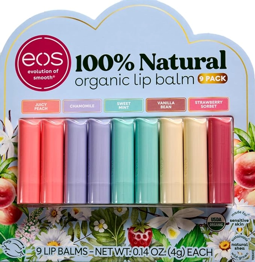 Amazon.com : EOS Organic Lip Balm Juicy Peach Chamomile Mint Vanilla Strawberry, 9 Pack : Beauty & Personal Care