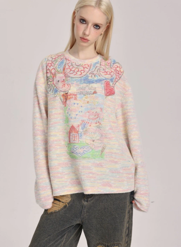 Hand-Drawn Dragon Print Rainbow Crewneck Pullover