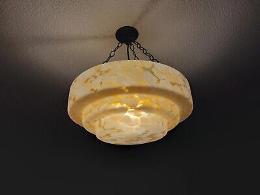 Art Deco Stepped Glass Plafonnier Ceiling Light with Marbling & Original Chains