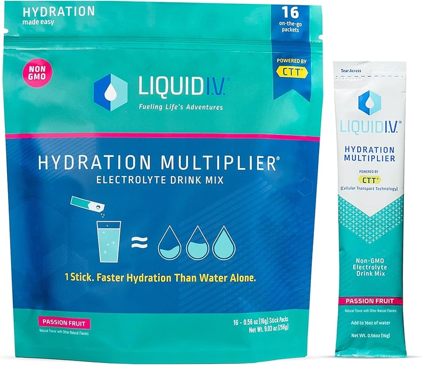 Liquid I.V. Hydration Multiplier - Passion Fruit - Hydration Powder Packets | Electrolyte Drink Mix | Easy Open Single-Serving Stick | Non-GMO | 16 Sticks