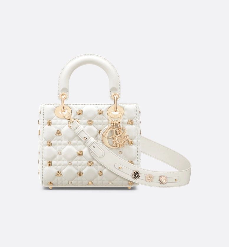 Small Lady Dior My ABCDior Bag Latte Cannage Lambskin with Gold-Finish Zodiac Sign Studs | DIOR
