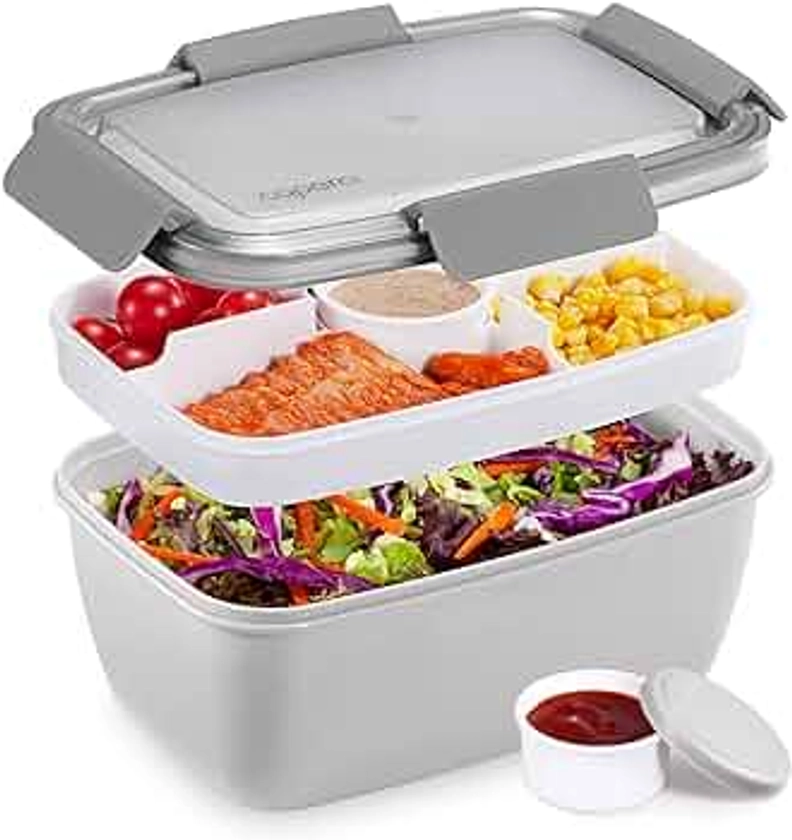 Caperci Large Salad Container for Lunch - Better Adult Bento Lunch Box 68 oz, 5-Compartment Tray, 2pcs 3-oz Sauce Cups, Stackable, BPA-Free (Gray)