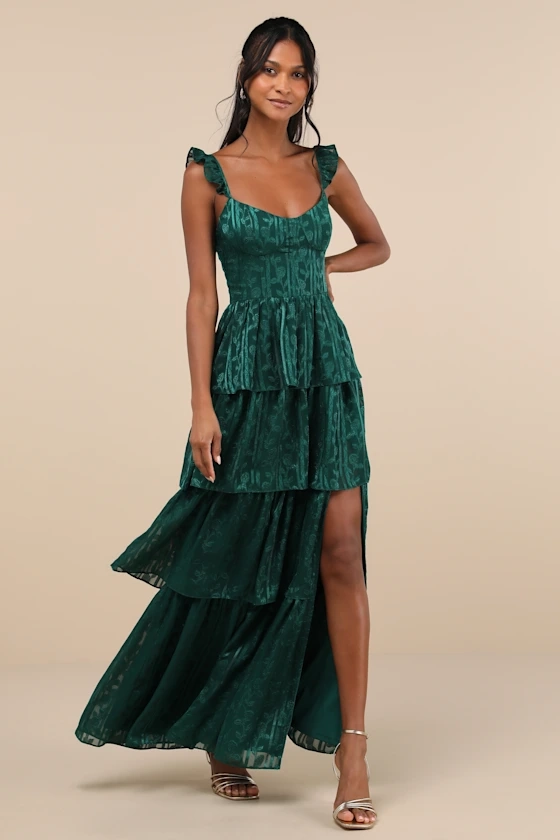 Stunning Glory Hunter Green Floral Jacquard Tiered Maxi Dress