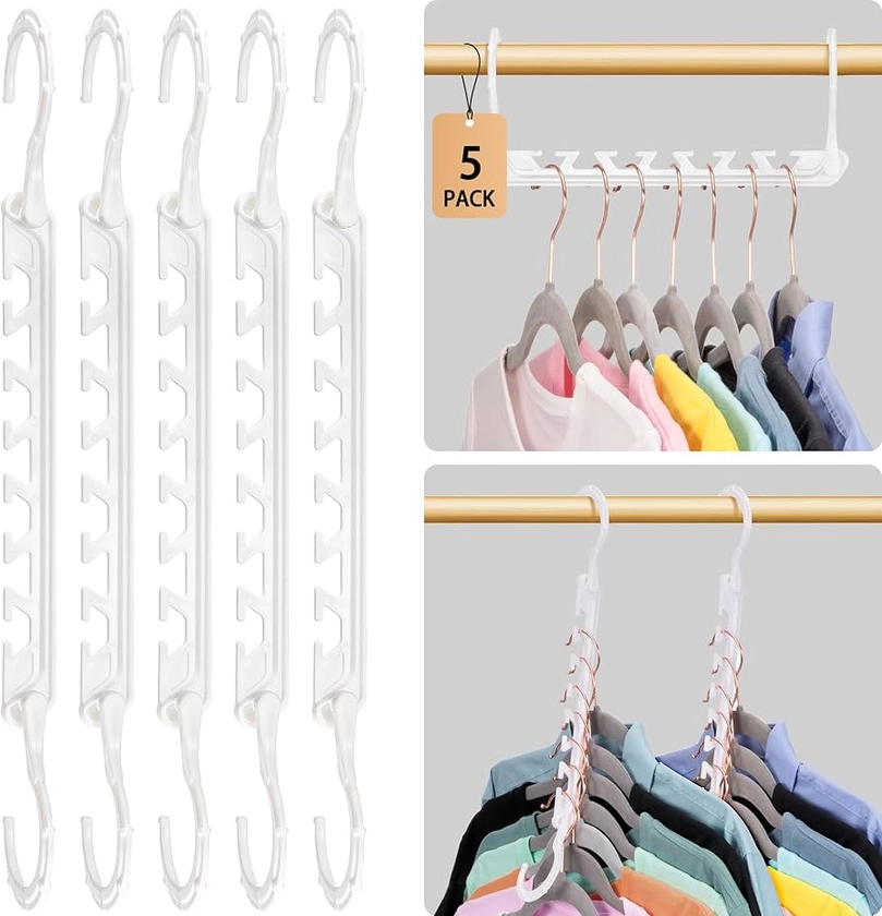 HOUSE DAY Magic Hangers Space Saving 5 Pack, Upgraded Sturdy Smart Space Saver Hangers, Ultra-Premium White Hanger Hooks Triple Closet Space, Closet Organizers and Storage, College Room Essentials