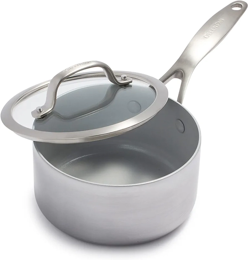 GreenPan Venice Pro Tri-Ply Stainless Steel Healthy Ceramic Non-Stick 16cm/1.5 Litre Saucepan Pot with Lid, PFAS Free, Multi Clad, Induction, Oven Safe, Silver